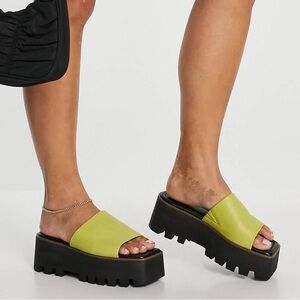 ASOS Design Type Premium Leather Lime Green Flatform Mules Size 8